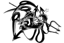 Rule 34 | 1girl, absurdres, asymmetrical wings, baba (baba seimaijo), dress, greyscale, highres, houjuu nue, messy hair, monochrome, pointy ears, polearm, short dress, short hair, solo, teeth, thighhighs, touhou, trident, weapon, white background, wings, zettai ryouiki