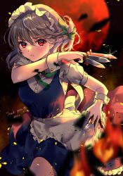 Rule 34 | 1girl, apron, back bow, between fingers, bow, braid, breasts, closed mouth, commentary request, embers, fingernails, frilled apron, frills, green ribbon, hair ribbon, highres, holding, holding knife, izayoi sakuya, knife, knives between fingers, lips, looking at viewer, maid, maid apron, maid headdress, maruta (shummylass), medium breasts, moon, neck ribbon, puffy short sleeves, puffy sleeves, red eyes, red moon, ribbon, sash, shirt, short hair, short sleeves, silver hair, solo, sparkle, touhou, tress ribbon, twin braids, waist apron, white apron, white sash, white shirt, wrist cuffs