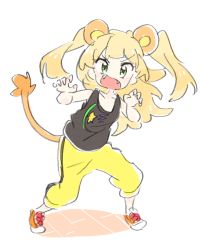 Rule 34 | 1girl, animal ears, bare arms, bare shoulders, black tank top, blonde hair, claw pose, collarbone, d:, fake animal ears, fake tail, fangs, full body, green eyes, hands up, idolmaster, idolmaster cinderella girls, jougasaki rika, leaning forward, legs apart, lion ears, lion tail, long hair, looking at viewer, mokeo, no nose, open mouth, pants, print tank top, puffy pants, shoes, simple background, single vertical stripe, sleeveless, sneakers, solo, standing, star (symbol), star print, tail, tank top, track pants, two side up, v-shaped eyebrows, white background, yellow pants
