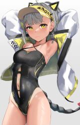 Rule 34 | 1girl, absurdres, armpits, arms behind head, blunt bangs, braid, breasts, clothing cutout, commentary, english commentary, french braid, grey hair, headgear, highleg, highleg swimsuit, highres, indie virtual youtuber, jacket, looking at viewer, mechanical tail, medium breasts, navel, navel cutout, one-piece swimsuit, open clothes, open jacket, reiny (vtuber), simple background, skai kun, solo, swimsuit, tail, tan, tanline, virtual youtuber, visor cap, wet, white background, white jacket, yellow eyes, zipper