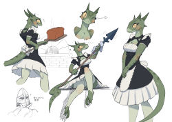 Rule 34 | 1boy, 1girl, apron, argonian, armor, back bow, black dress, black eyes, blush, bow, bread, breasts, brick oven, cleavage, cleavage cutout, closed mouth, cloth, clothing cutout, collarbone, colored sclera, colored skin, cooking, corset, cropped legs, dress, fang, fang out, female focus, flying sweatdrops, food, frilled dress, frills, from behind, full body, furry, furry female, green skin, hand on own chin, hand up, happy, head tilt, heart, helmet, highres, holding, holding polearm, holding weapon, horns, japanese text, knee up, kneepits, lifts her tail, lizard tail, looking at viewer, looking back, looking up, lusty argonian maid, maid, medium breasts, motion lines, multicolored skin, multiple views, one eye closed, open mouth, oven, own hands together, panties, pantyshot, peel (tool), polearm, polishing, reptile girl, sat-v12, sharp teeth, shiny skin, short sleeves, simple background, sitting, slit pupils, smile, spear, spread legs, standing, steam, stirrup legwear, stroking own chin, tail, tail through clothes, talking, teeth, the elder scrolls, thighhighs, thinking, toeless legwear, translation request, two-handed, two-tone skin, underwear, upper body, upskirt, v arms, waist apron, weapon, white background, white panties, white thighhighs, wink, yellow sclera