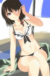 Rule 34 | 1girl, arm support, bikini, bow, breasts, brown eyes, brown hair, cleavage, collarbone, dutch angle, frilled bikini, frilled bikini top, frills, front-tie bikini top, front-tie top, grey bikini, grey ribbon, groin, hair bow, hand in own hair, highres, looking at viewer, medium breasts, navel, parasol, parted lips, red bow, short hair, sitting, solo, swimsuit, tegral (tegral 0510), touhou, umbrella, usami renko, white bikini