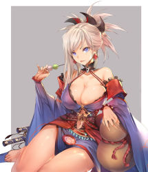 Rule 34 | 1girl, :p, bare shoulders, barefoot, blue eyes, breasts, cleavage, earrings, fate/grand order, fate (series), food, jewelry, large breasts, long hair, looking at viewer, magatama, miyamoto musashi (fate), miyamoto musashi (third ascension) (fate), navel, pink hair, pinky out, revision, skindentation, smile, solo, takoyaki, teddy (khanshin), thighs, tongue, tongue out
