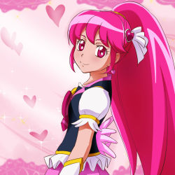 Rule 34 | 10s, 1girl, aino megumi, bad id, bad pixiv id, blush, cure lovely, earrings, frills, hair ornament, happinesscharge precure!, heart, heart hair ornament, highres, jewelry, long hair, looking at viewer, magical girl, mont blanc (heartcatch ayaya), pink background, pink eyes, pink hair, pink theme, ponytail, precure, smile, solo, wide ponytail