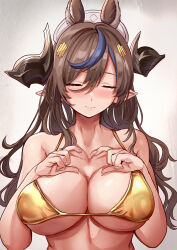 Rule 34 | 1girl, animal ears, bare shoulders, bikini, blue hair, breasts, brown hair, brown horns, closed eyes, closed mouth, commentary request, extra ears, facing viewer, food, galleon (granblue fantasy), gold bikini, golden week, granblue fantasy, hair between eyes, hair ornament, hat, heart, heart hands, highres, himuro shunsuke, horns, large breasts, long hair, multicolored hair, pointy ears, smile, solo, streaked hair, swimsuit, underboob, upper body, white hat
