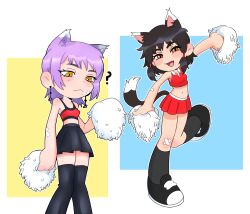 2girls ? absurdres animal_ears black_footwear black_hair black_skirt black_socks black_thighhighs brown_eyes cat_ears cat_girl cat_tail chainsaw_man cheerleader closed_mouth crop_top earrings fang full_body highres jewelry kirtome kneehighs leg_lift looking_at_viewer mifune_fumiko multiple_girls navel outstretched_arm pom_pom_(cheerleading) purple_hair red_shirt red_skirt ringed_eyes shirt skin_fang skirt sleeveless sleeveless_shirt socks standing standing_on_one_leg tail thighhighs yellow_eyes