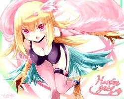 Rule 34 | 1girl, alternate breast size, blonde hair, blush, breasts, claws, cleavage, cleavage cutout, clothing cutout, duel monster, feathers, hair ornament, hairband, hairclip, harpie girl (yu-gi-oh!), harpy, large breasts, long hair, monster girl, nanashin naomi, pantyhose, purple eyes, red eyes, single leg pantyhose, solo, talons, thighhighs, winged arms, wings, yu-gi-oh!