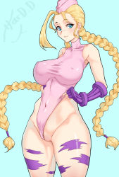 Rule 34 | 1girl, 47 hard, artist name, blonde hair, blue background, blue eyes, bodypaint, braid, braided ponytail, breasts, cameltoe, cammy white, capcom, cleft of venus, clothing aside, collarbone, curvy, fingerless gloves, garrison cap, gloves, hat, highleg, highleg leotard, highres, large breasts, leotard, leotard aside, leotard pull, long hair, looking at viewer, military, military hat, military uniform, partially visible vulva, pink leotard, shiny skin, simple background, solo, standing, street fighter, tattoo, thong leotard, uniform, very long hair, wide hips
