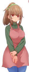 Rule 34 | 1girl, :&lt;, blue pants, breasts, brown hair, closed mouth, cowboy shot, green sweater, highres, jewelry, large breasts, legs together, long sleeves, looking at viewer, manaka (sumiyao), medium hair, pants, pink eyes, ponytail, ring, sad, scrunchie, simple background, smile, solo, standing, sumiyao (amam), sweater, turtleneck, turtleneck sweater, v arms, wedding band, white background