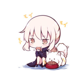 Rule 34 | 1girl, artoria pendragon (all), artoria pendragon (fate), beni shake, blonde hair, blush, burger, cavall the 2nd, chibi, dog, eating, fate (series), food, lowres, official alternate costume, pet food, saber (fate), saber alter, saber alter (ver. shinjuku 1999) (fate), sitting, white background, yellow eyes