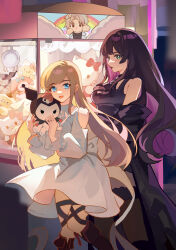 Rule 34 | 2girls, absurdres, ascot, black ascot, black dress, black footwear, black jacket, black thighhighs, blonde hair, blue eyes, boots, clothing cutout, commentary request, crane game, dress, final fantasy, final fantasy xiv, gaia (ff14), green eyes, hair ribbon, hello kitty, hello kitty (character), highres, jacket, knee boots, kuromi, long hair, multiple girls, off shoulder, onegai my melody, open mouth, parted lips, pink ribbon, purple hair, rainbow, red lips, ribbon, ryne waters, sanrio, shoulder cutout, sleeveless, sleeveless dress, smile, thancred waters, thigh strap, thighhighs, white dress, yogir (2857756)