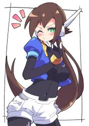 Rule 34 | 1girl, absurdres, aile (mega man zx), black bodysuit, blush, bodysuit, breasts, brown hair, buzzlyears, cropped jacket, female focus, green eyes, highres, jacket, large breasts, long hair, mega man (series), mega man zx, mega man zx advent, navel, one eye closed, open clothes, open jacket, ponytail, robot ears, shorts, smile, tagme, wink