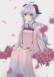 Rule 34 | 1girl, absurdres, ahoge, alternate costume, blue hair, blush, chinese clothes, closed mouth, commentary request, flower, ganyu (genshin impact), genshin impact, hair flower, hair ornament, hand on lap, hanfu, highres, horns, light smile, long hair, looking at viewer, petals, purple eyes, qixiong ruqun, raii (rraiire), ruqun, sidelocks, simple background, sitting, solo