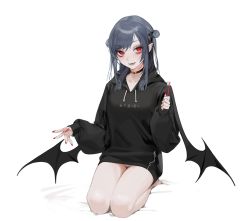 Rule 34 | 1girl, absurdres, bare legs, black choker, black hair, black hoodie, black nails, blush, breasts, choker, clothes writing, collarbone, commentary request, demon girl, double bun, ear piercing, fangs, female pubic hair, fingernails, full body, hair bun, highres, hood, hood down, hoodie, long hair, long sleeves, looking at viewer, medium breasts, nail polish, no panties, ohisashiburi, open mouth, original, piercing, pubic hair, red eyes, red nails, seiza, side bun, sidelocks, simple background, single side bun, sitting, sleeves past wrists, smile, solo, translation request, vampire, white background, wings