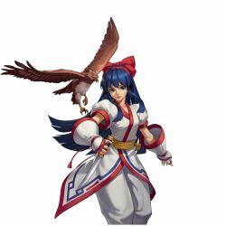 Rule 34 | 1girl, ainu clothes, blue eyes, blue hair, breasts, fingerless gloves, gloves, hair ribbon, highres, legs, long hair, looking at viewer, mamahaha, nakoruru, pants, parted lips, pink lips, ribbon, samurai spirits, small breasts, smile, snk, the king of fighters, thighs, weapon