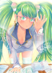 Rule 34 | 1girl, :&lt;, adjusting eyewear, bad id, bad pixiv id, bent over, bespectacled, blush, breasts, cleavage, downblouse, earrings, glasses, green eyes, green hair, hatsune miku, jewelry, leaning forward, long hair, matching hair/eyes, mayo riyo, solo, thighhighs, twintails, vocaloid, white thighhighs, zettai ryouiki