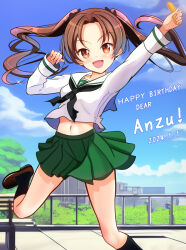 1girl blush breasts brown_eyes brown_hair character_name dated girls_und_panzer happy_birthday kadotani_anzu kumaisao long_hair looking_at_viewer navel ooarai_school_uniform open_mouth outdoors school_uniform sky small_breasts smile solo twintails