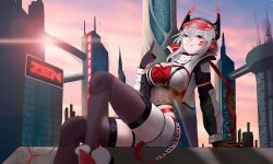 Rule 34 | 1girl, absurdres, belt, black gloves, black jacket, black leotard, black thighhighs, breasts, chain belt, character name, cityscape, cropped jacket, gloves, grey shorts, headphones, highres, jacket, large breasts, leotard, long sleeves, looking at viewer, middle finger, red gloves, red jacket, red shirt, science fiction, shirt, shoes, short hair, short shorts, shorts, sidelocks, smile, solo, thighhighs, two-sided fabric, two-sided gloves, two-sided jacket, two-tone shirt, virtual youtuber, vshojo, white footwear, white hair, white shirt, yellow eyes, zentreya (cyborg), zentreya (cyborg) (2nd costume), zentreya, zer00 zer0