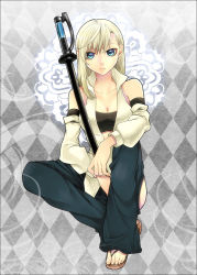 Rule 34 | 1girl, blonde hair, blue eyes, breasts, cleavage, detached sleeves, long hair, medium breasts, original, sandals, sheath, sheathed, solo, sword, toes, weapon, yodobashi yuo