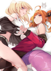 Rule 34 | 2girls, ahoge, bare shoulders, belt, belt buckle, black jacket, black legwear, black shorts, blonde hair, blunt bangs, bow, breast press, breasts, bright pupils, buckle, camisole, character name, closed mouth, coco kaine, commentary request, crop top, diagonal-striped bow, dragon girl, dragon horns, dragon tail, feet out of frame, frilled camisole, frills, from side, girl on top, hair intakes, highres, hololive, horn bow, horn ornament, horns, jacket, kiryu coco, kiryu coco (loungewear), large breasts, long hair, long sleeves, looking at viewer, looking to the side, lying, medium hair, midriff, multicolored eyes, multicolored hair, multiple girls, off shoulder, official alternate costume, ohland, on back, open clothes, open jacket, orange hair, pink eyes, pointy ears, purple eyes, red eyes, red jacket, scales, shirt, short shorts, short twintails, shorts, sidelocks, sleeves past wrists, slit pupils, smile, stomach, streaked hair, striped, striped bow, symmetrical docking, tail, thighhighs, thighs, tongue, tongue out, track jacket, twintails, virtual youtuber, white background, white camisole, white pupils, white shirt
