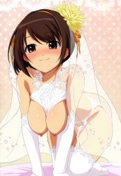 Rule 34 | 1girl, absurdres, all fours, blush, bottomless, breasts, breasts out, bridal veil, brown eyes, brown hair, dress, elbow gloves, female focus, flower, garter belt, garter straps, gloves, hair flower, hair ornament, hairband, hanging breasts, haruhisky, highres, large breasts, lingerie, nipples, no bra, pussy, see-through, short hair, smile, solo, suzumiya haruhi, suzumiya haruhi no yuuutsu, thighhighs, transparent, underwear, veil, wedding dress, white gloves, white thighhighs