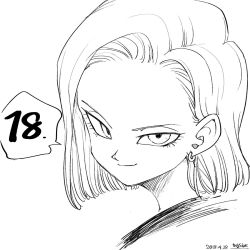 Rule 34 | 1girl, 2018, android 18, character name, close-up, commentary, dated, dragon ball, dragonball z, earrings, english commentary, eyelashes, greyscale, highres, jewelry, looking at viewer, monochrome, short hair, simple background, smile, solo, solo focus, speech bubble, tkgsize, twitter username, upper body, white background