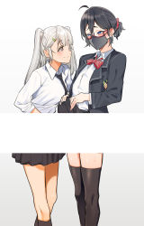 Rule 34 | 1boy, 1girl, absurdres, black hair, blue eyes, blush, censored, clothes lift, crossdressing, glasses, highres, implied handjob, indie virtual youtuber, kushizaki (vtuber), lifted by self, mask, medium hair, mouth mask, silver hair, skirt, skirt lift, smile, st (youx1119), thighhighs, trap, twintails, virtual youtuber