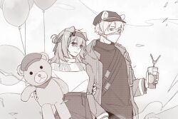 Rule 34 | 1boy, 1girl, animal ears, arknights, arm hug, balloon, cabbie hat, cat ears, closed mouth, commentary request, crazy straw, cup, drinking straw, ears through headwear, goldenglow (arknights), grey background, hair between eyes, hair bun, hairband, hat, highres, holding, holding cup, jacket, long sleeves, monochrome, nail polish, open clothes, open jacket, red (npc) (arknights), shirt, skirt, smile, stuffed animal, stuffed toy, teddy bear, youci332502