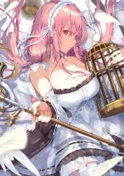 Rule 34 | 1girl, absurdres, angel wings, azur lane, birdcage, blush, breasts, cage, cleavage, detached collar, detached sleeves, dress, feathers, frilled hairband, frills, hair ribbon, hairband, highres, holding, holding staff, huge filesize, kikurage tom., large breasts, long hair, looking at viewer, perseus (azur lane), pink eyes, pink hair, ribbon, solo, staff, twintails, two-tone dress, white headwear, white legwear, white ribbon, wings