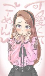 Rule 34 | 1girl, anjerain, black hairband, black shirt, blush, brown hair, buttons, chestnut mouth, commentary, frilled shirt, frills, hairband, hands up, heart, highres, idolmaster, idolmaster (classic), long hair, long sleeves, looking at viewer, minase iori, pink background, pink eyes, pink shirt, see-through cutout, shirt, shy, solo, translation request, upper body
