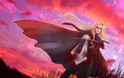 Rule 34 | 1girl, androgynous, ascot, black ascot, black cape, blonde hair, cape, cross, dutch angle, foreshortening, frown, glasses, grass, hellsing, highres, holding, holding sword, holding weapon, integra hellsing, long hair, pointing, pointing at viewer, purple sky, sky, solo, sword, toshimichi yukari, weapon