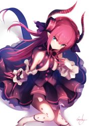 Rule 34 | &gt;:), 10s, 1girl, black dress, blue eyes, boots, closed mouth, curled horns, dress, elizabeth bathory (fate), elizabeth bathory (fate/extra ccc), elizabeth bathory (first ascension) (fate), fate/extra, fate/extra ccc, fate/grand order, fate (series), genyaky, hair ribbon, horns, long hair, looking at viewer, petticoat, pink hair, pointy ears, purple ribbon, ribbon, sidelocks, signature, solo, tail, v-shaped eyebrows, white background, white footwear, wrist cuffs