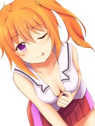 Rule 34 | 10s, 1girl, breasts, cleavage, cleavage reach, commentary request, cowboy shot, downblouse, leaning forward, natsu (927013), orange hair, pleated skirt, ponytail, purple eyes, red skirt, release the spyce, school uniform, side ponytail, simple background, skirt, sleeveless, solo, tongue, tongue out, white background, wink, yachiyo mei
