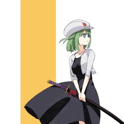 Rule 34 | 1girl, black dress, blue eyes, borrowed character, breasts, cabbie hat, closed mouth, commentary request, cropped jacket, dress, green hair, hair between eyes, hat, highres, holding, holding sheath, jacket, katana, long sleeves, looking away, looking to the side, medium breasts, mesonasi, open clothes, open jacket, orange background, original, ponytail, sheath, sheathed, smile, solo, standing, sword, two-tone background, weapon, white background, white hat, white jacket, yunomiya agari