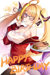 Rule 34 | 1girl, absurdres, ahoge, amane kanata, bare shoulders, benchen06, birthday cake, black-framed eyewear, black nails, black ribbon, black thighhighs, blonde hair, blunt bangs, bow, breasts, bright pupils, cake, camisole, cleavage, closed mouth, collarbone, commentary, commentary request, cowboy shot, diagonal-striped bow, dragon girl, dragon horns, dragon tail, english commentary, english text, fang, fang out, floral background, food, fork, frilled camisole, frills, glasses, hair ribbon, happy birthday, highres, holding, holding cake, holding food, holding fork, holding plate, hololive, horn bow, horn ornament, horns, jacket, jewelry, kiryu coco, kiryu coco (loungewear), long hair, long sleeves, looking at viewer, medium breasts, mixed-language commentary, multicolored hair, nail polish, off shoulder, official alternate costume, one eye closed, open clothes, open jacket, orange hair, outline, partially unzipped, pendant, plate, pointy ears, purple eyes, red jacket, ribbon, see-through, sidelocks, simple background, slit pupils, smile, solo, spaghetti strap, streaked hair, striped, striped bow, tail, thighhighs, track jacket, twintails, utensil in mouth, virtual youtuber, white background, white camisole, white outline, white pupils