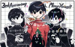 Rule 34 | 3boys, animal, animal print, anniversary, antenna hair, black border, black cat, black eyes, black hair, black sweater, blush, border, bright pupils, cat, christmas present, christmas sweater, clone, closed mouth, colored skin, confetti, cracked clothes, cracked skin, dual persona, english text, expressionless, food, gift, grey ribbon, grid background, hair behind ear, hair between eyes, hat, holding, holding food, holding party popper, holding pizza, long sleeves, looking at another, looking at food, male focus, mari (headspace) (omori), mari (omori), merry christmas, mewo, multiple boys, no pupils, omori, omori (omori), outline, party hat, party horn, party popper, pizza, pizza slice, red sweater, shionty, short hair, something (omori), sunny (omori), sweater, turtleneck, turtleneck sweater, white background, white outline, white pupils, white skin