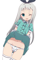 Rule 34 | 10s, 1boy, ;3, blend s, bow, bow panties, bulge, clothes lift, cowboy shot, dress, dutch angle, frills, gloves, green dress, green eyes, hairband, head tilt, kanzaki hideri, lifted by self, long hair, looking at viewer, male focus, navel, one eye closed, open mouth, panties, penis, puffy sleeves, silver hair, simple background, skirt, skirt lift, smile, solo, standing, stile uniform, takakura, thighhighs, trap, underwear, v-shaped eyebrows, very long hair, white gloves, white panties, white thighhighs