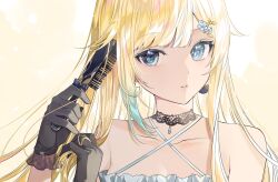 Rule 34 | 1girl, aizawa ema, aqua hair, black bow, black choker, black gloves, blonde hair, blue eyes, bow, breasts, brushing hair, cat earrings, choker, cleavage, close-up, collarbone, criss-cross halter, dress, flower, frilled dress, frills, gloves, gradient background, gradient hair, hair brush, hair flaps, hair flower, hair ornament, twirling hair, halterneck, hand in own hair, highres, long hair, looking at viewer, multicolored hair, parted lips, pendant choker, shunka tunacan, sidelocks, small breasts, solo, sparkling eyes, virtual youtuber, vspo!, yellow background