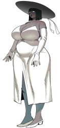 Rule 34 | 1girl, bare shoulders, belly, breasts, cleavage, dress, full body, glowing, glowing eyes, hat, highres, horror (theme), huge breasts, original, plump, shaded face, short hair, solo, standing, synecdoche, thighs, white dress, white hat, wide hips