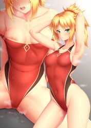 Rule 34 | 1girl, areola slip, armpits, arms up, blonde hair, braid, breasts, collarbone, commentary request, competition swimsuit, covered navel, cowboy shot, fate/apocrypha, fate/grand order, fate (series), french braid, green eyes, hair ornament, hair scrunchie, highleg, highleg swimsuit, highres, mordred (fate), mordred (fate/apocrypha), multiple views, one-piece swimsuit, open mouth, ponytail, red scrunchie, red one-piece swimsuit, scrunchie, simple background, sitting, small breasts, steam, swimsuit, white background, yuunagi (0217), zoom layer