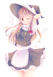 Rule 34 | 1girl, apron, arm behind head, bad id, bad pixiv id, black skirt, blonde hair, braid, buttons, character name, closed mouth, commentary request, cowboy shot, frilled apron, frilled skirt, frills, hair ribbon, hat, hat ribbon, heart, highres, kirisame marisa, legs together, long hair, one eye closed, puffy short sleeves, puffy sleeves, ribbon, short sleeves, side braid, simple background, single braid, skirt, solo, standing, touhou, white background, white ribbon, witch hat, yellow eyes, yuineko