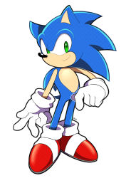 Rule 34 | 1boy, artsy-rc, closed mouth, commentary, english commentary, furry, furry male, gloves, green eyes, halftone, happy, hedgehog ears, highres, looking at viewer, no humans, red footwear, signature, simple background, smile, solo, sonic (series), sonic the hedgehog, white background, white gloves