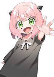 Rule 34 | 1girl, :d, absurdres, anya (spy x family), cone hair bun, dress, green eyes, grey dress, hair bun, highres, long hair, looking at viewer, open mouth, outstretched hand, pink hair, reaching, reaching towards viewer, ribbon, short sleeves, simple background, smile, solo, spy x family, standing, white background, white ribbon, yuihico