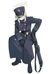 Rule 34 | 1girl, belt, black coat, black footwear, black gloves, black hat, blue archive, boots, breasts, buttons, closed mouth, coat, eyepatch, full body, gloves, green eyes, grey hair, gun, hair between eyes, halo, hat, highres, invisible chair, large breasts, long sleeves, mossberg 500, mushroom (osh320), pump action, shotgun, simple background, sitting, solo, suou (blue archive), weapon, weapon case, white background