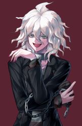 1boy, :d, absurdres, black jacket, black nails, chain, chained, chains, collar, commentary request, cuffs, danchu (danchu0628), danganronpa (series), danganronpa another episode: ultra despair girls, grey eyes, grey hair, hand up, handcuffs, highres, holding, jacket, komaeda nagito, long sleeves, looking at viewer, male focus, medium hair, messy hair, metal collar, nail polish, official alternate costume, open clothes, open jacket, open mouth, pale skin, red background, red nails, shirt, short hair, simple background, smile, solo, striped, striped shirt, teeth, upper body, upper teeth, white hair