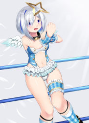 Rule 34 | 1girl, adapted costume, amane kanata, angel, angel wings, cuffs, hair over one eye, halo, highres, hololive, purple eyes, short hair, silver hair, solo, star halo, thigh strap, virtual youtuber, wings, wrestling outfit, wrestling ring, yomitrooper