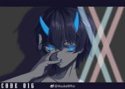 Rule 34 | 10s, 1boy, artist name, asukawho, black hair, blue eyes, blue horns, blue nails, character name, commentary request, darling in the franxx, hand on own face, hiro (darling in the franxx), horns, letterboxed, looking at viewer, male focus, nail polish, oni horns, short hair, solo
