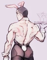 Rule 34 | 1boy, animal ears, ass, back, backless leotard, bara, black eyes, black hair, buzz cut, facial hair, frown, goatee, golden kamuy, holding, leotard, male focus, mugisennbei-you, muscular, muscular male, playboy bunny, rabbit ears, rabbit tail, short hair, solo, stubble, tail, tsukishima hajime, very short hair, wrinkled skin