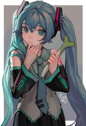 Rule 34 | 1girl, artist name, bare arms, black skirt, black sleeves, border, closed mouth, collared shirt, detached sleeves, finger to own chin, food, green eyes, green hair, green necktie, grey background, grey shirt, hair ornament, hands up, hatsune miku, highres, holding, holding food, holding spring onion, holding vegetable, kofi-mo, long hair, long sleeves, looking to the side, necktie, outside border, pleated skirt, shirt, shoulder tattoo, signature, skirt, sleeveless, sleeveless shirt, solo, spring onion, tattoo, twintails, upper body, vegetable, very long hair, vocaloid, white border
