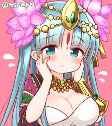 Rule 34 | 1girl, aqua eyes, bad id, bad pixiv id, blue hair, blunt bangs, blush, breasts, circlet, cleavage, facial mark, female focus, flower, flying sweatdrops, hair flower, hair ornament, hands on own cheeks, hands on own face, jewelry, large breasts, mashiro miru, necklace, parvati (p&amp;d), puzzle &amp; dragons, simple background, solo, twitter username, vambraces